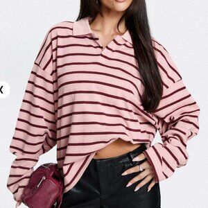 Lioness pink and burgundy striped knit long sleeve rugby shirt, size M